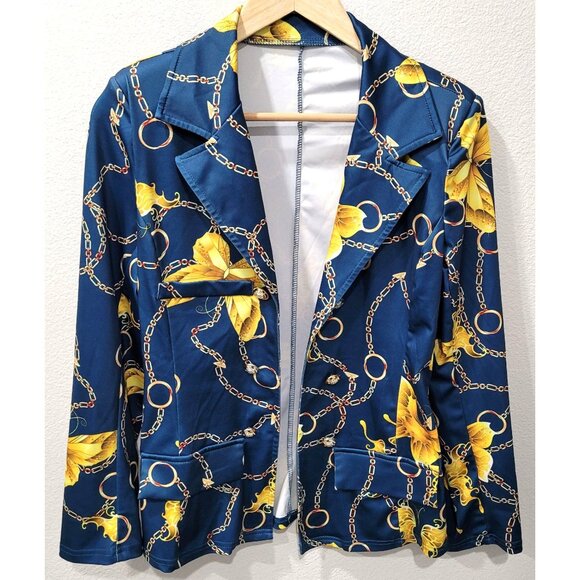Shein Blue & Gold Floral Butterfly & Chain Print Blazer Jacket Size S - Picture 1 of 15